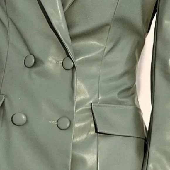 GREEN PU LEATHER DOUBLE BREASTED BACK LACING BLAZER DRESS TRENDING COLOR CHIC - Picture 6 of 6